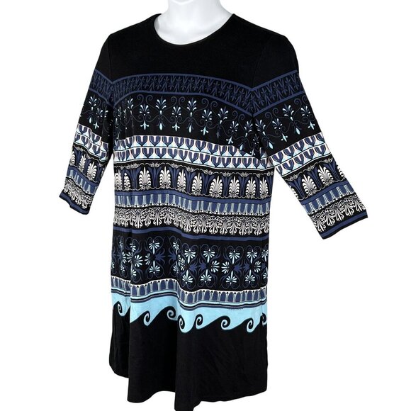 J McLaughlin XL Black Blue Fair Isle Nordic Print Midi Shift Dress 3/4 Sleeves - Picture 7 of 16